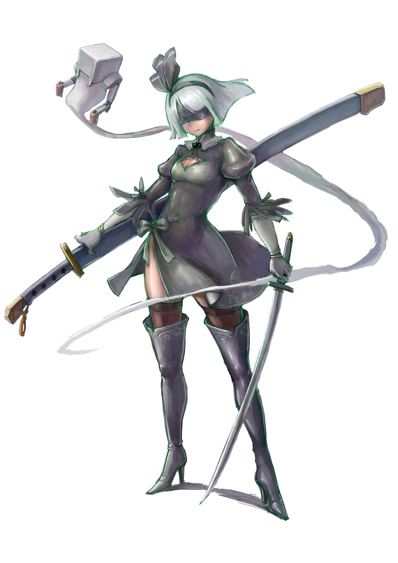 1girl, bangs, black_boots, black_bow, black_dress, black_hairband, black_legwear, black_ribbon, blindfold, boots, bow, breasts, brown_legwear, cleavage, cleavage_cutout, commentary, cosplay, covered_eyes, detached_collar, dress, elbow_gloves, full_body, ghost, gloves, hair_ribbon, hairband, high_heel_boots, high_heels, hitodama, huge_weapon, juliet_sleeves, katana, konpaku_youmu, konpaku_youmu_(ghost), legs_apart, long_sleeves, lq_(playless), neck_ribbon, nier_(series), nier_automata, parted_lips, pod_(nier_automata), pod_(nier_automata)_(cosplay), puffy_sleeves, ribbed_dress, ribbon, scabbard, sheath, sheathed, short_dress, short_hair, side_slit, silver_hair, simple_background, small_breasts, solo, standing, sword, teeth, thigh-highs, thigh_boots, vambraces, weapon, weapon_on_back, white_background, white_gloves, yorha_no._2_type_b, yorha_no._2_type_b_(cosplay)