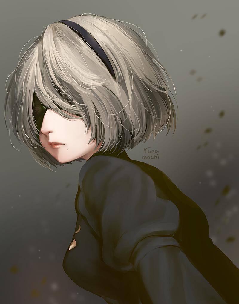 1girl, artist_name, black_dress, black_hairband, blindfold, breasts, cleavage_cutout, closed_mouth