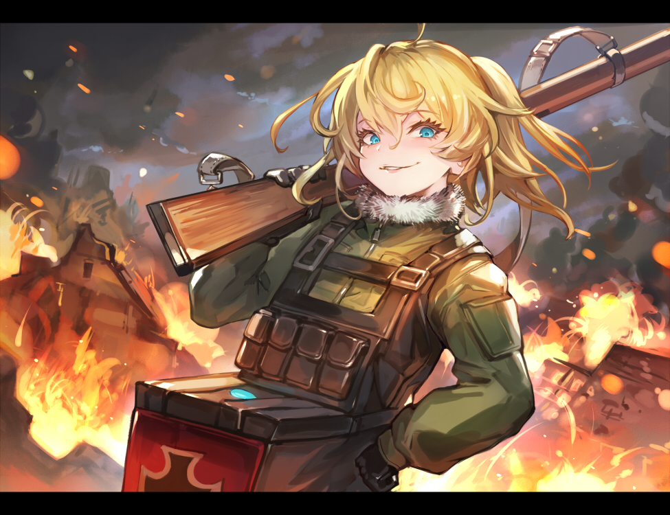 1girl, aqua_eyes, arm_at_side, belt, black_gloves, blonde_hair, building, fire, fur_collar, gloves, gun, hair_between_eyes, house, iron_cross, long_sleeves, looking_at_viewer, military, military_uniform, outdoors, pepeto_(cocoyuzumugi), pocket, ponytail, rifle, ruins, smirk, solo, tanya_degurechaff, uniform, weapon, youjo_senki
