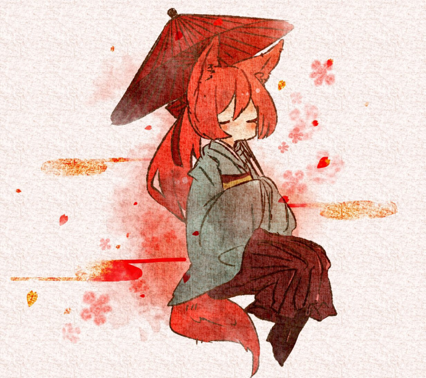 1girl, animal_ears, closed_eyes, flower, fox_ears, fox_girl, fox_tail, japanese_clothes