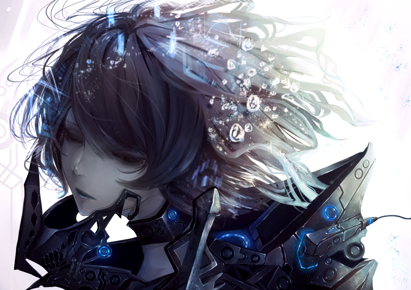 1girl, bangs, black_eyes, black_hair, blue_lips, close-up, fantasy, half-closed_eyes
