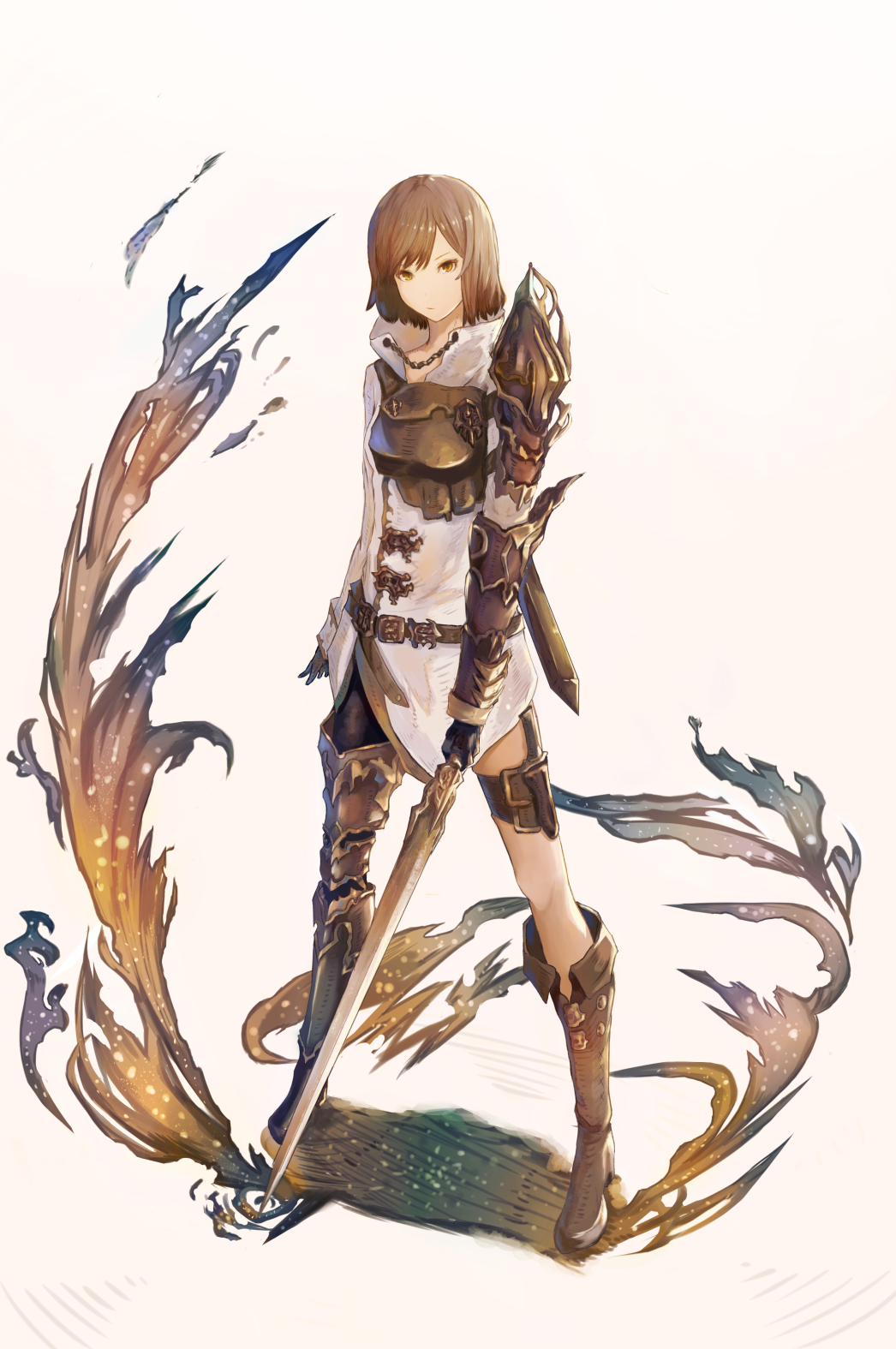 1girl, armor, armored_boots, asymmetrical_clothes, bangs, black_gloves, boots, breastplate