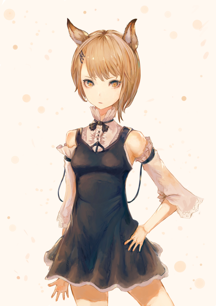 1girl, animal_ears, asymmetrical_hair, bangs, black_dress, blonde_hair, blouse, brown_eyes