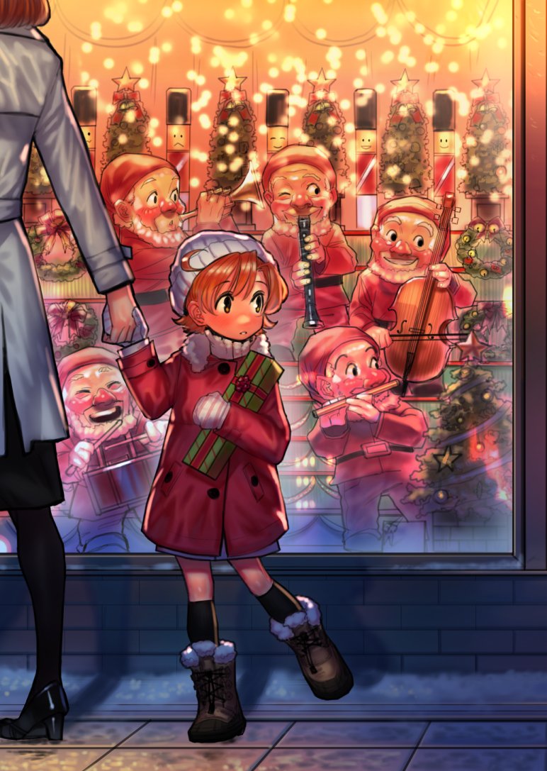 2girls, ahoge, beanie, blush, boots, box, bugle, bukimi_isan, cello, christmas, christmas_ornaments, christmas_tree, christmas_wreath, clarinet, coat, commentary, display, drum, drumsticks, dwarf, figure, flute, fur_trimmed_boots, gift, gift_box, gloves, hat, high_heels, idolmaster, idolmaster_million_live!, instrument, kneehighs, mittens, mother_and_daughter, multiple_girls, orange_hair, santa_costume, santa_hat, short_hair, snow, star, yabuki_kana, yellow_eyes, younger