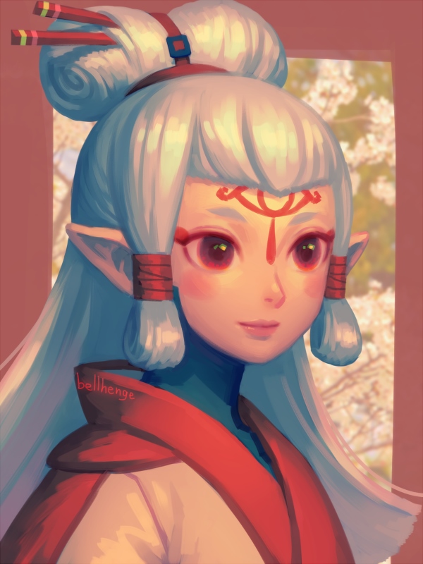 1girl, bellhenge, brown_eyes, facial_mark, forehead_mark, hair_ornament, hair_tubes, long_hair