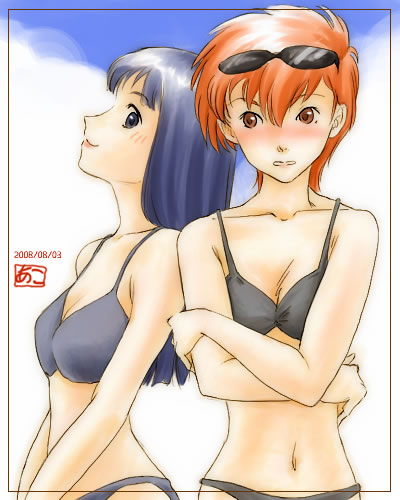akosan, bikini, blue_eyes, blue_hair, blush, breasts, hikari_(pokemon), long_hair