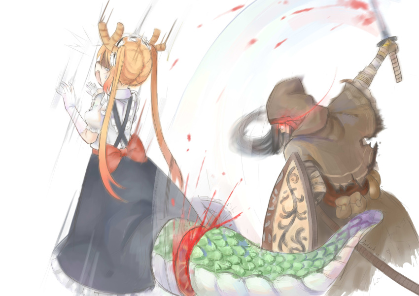 /\/\/\, 1boy, 1girl, absurdres, arkish, artist_name, black_hair, brown_hair, commentary_request, crying, dark_souls, dated, dragon_girl, dragon_horns, dragon_tail, fafnir_(maidragon), glasses, gloom_(expression), gloves, glowing, glowing_eye, highres, holding, holding_sword, holding_weapon, hood, horns, kobayashi-san_chi_no_maidragon, long_hair, maid, maid_headdress, number, open_mouth, outstretched_arm, pince-nez, profile, red_eyes, severed_tail, shield, shirt, simple_background, sketch, skirt, souls_(from_software), sword, tail, tooru_(maidragon), twintails, very_long_hair, weapon, white_background, white_gloves, white_shirt