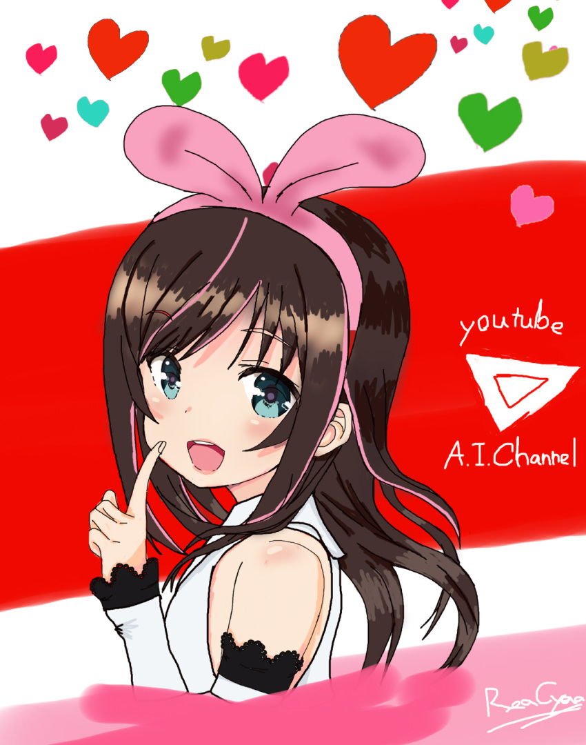 1girl, a.i._channel, arm_warmers, blue_eyes, blush, bow, brown_hair, hair_bow, hairband, highres, kizuna_ai, lace, long_hair, multicolored_hair, pink_bow, reacyua, sailor_collar, solo, streaked_hair