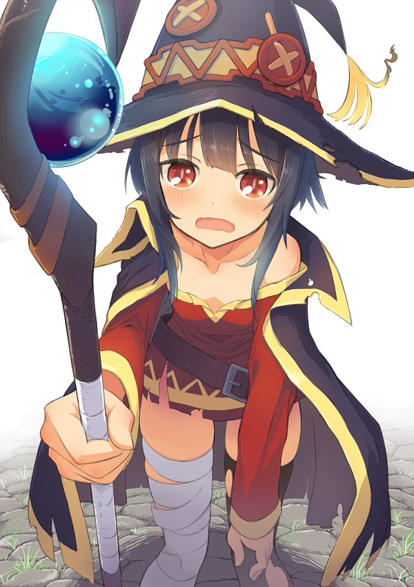 1girl, bandage, bangs, bare_shoulders, blush, breasts, brown_hair, cape, cleavage, collarbone, dress, eyebrows_visible_through_hair, hat, holding, holding_staff, kono_subarashii_sekai_ni_shukufuku_wo!, leaning_forward, long_sleeves, looking_at_viewer, medium_hair, megumin, off_shoulder, open_mouth, red_eyes, samaru_(seiga), sidelocks, single_thighhigh, small_breasts, solo, staff, standing, stone_floor, strapless, strapless_dress, thigh-highs, torn_clothes, tube_dress, witch_hat