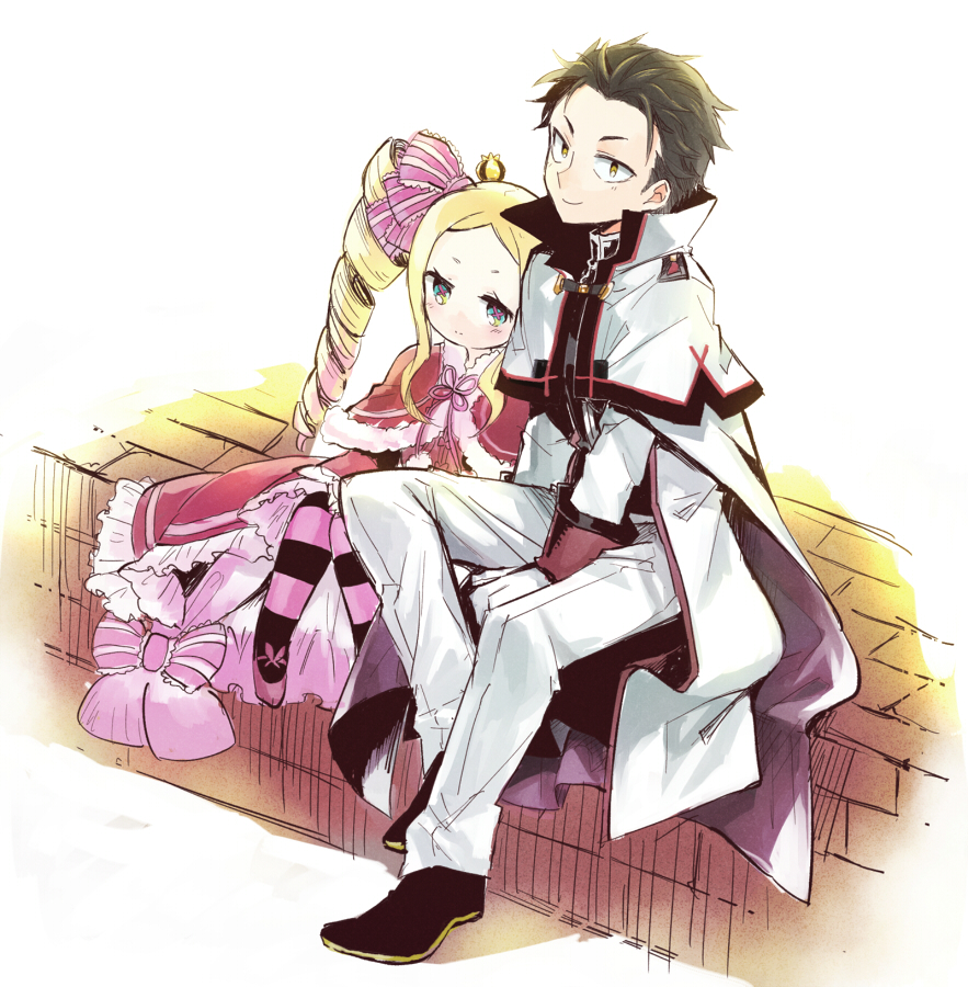 1boy, 1girl, beatrice_(re:zero), blonde_hair, blue_eyes, blush, brown_eyes, cape