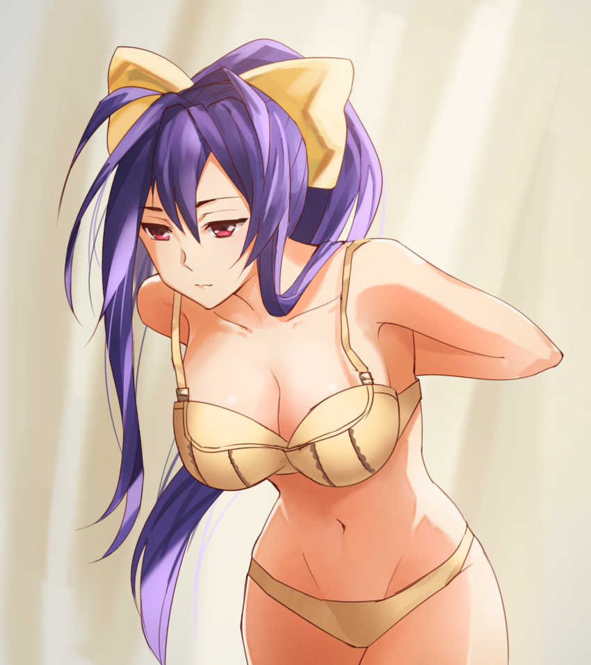 1girl, adjusting_bra, adjusting_clothes, antenna_hair, arms_behind_back, beige_bra, beige_panties, blazblue, blue_hair, bow, bra, breasts, cleavage, closed_mouth, collarbone, cowboy_shot, dressing, frown, genderswap, genderswap_(mtf), hair_between_eyes, hair_bow, highres, indoors, large_breasts, leaning_forward, lingerie, long_hair, mai_natsume, navel, panties, ponytail, ribbon, sendrawz, sidelocks, solo, standing, underwear, underwear_only, very_long_hair, violet_eyes, yellow_bow