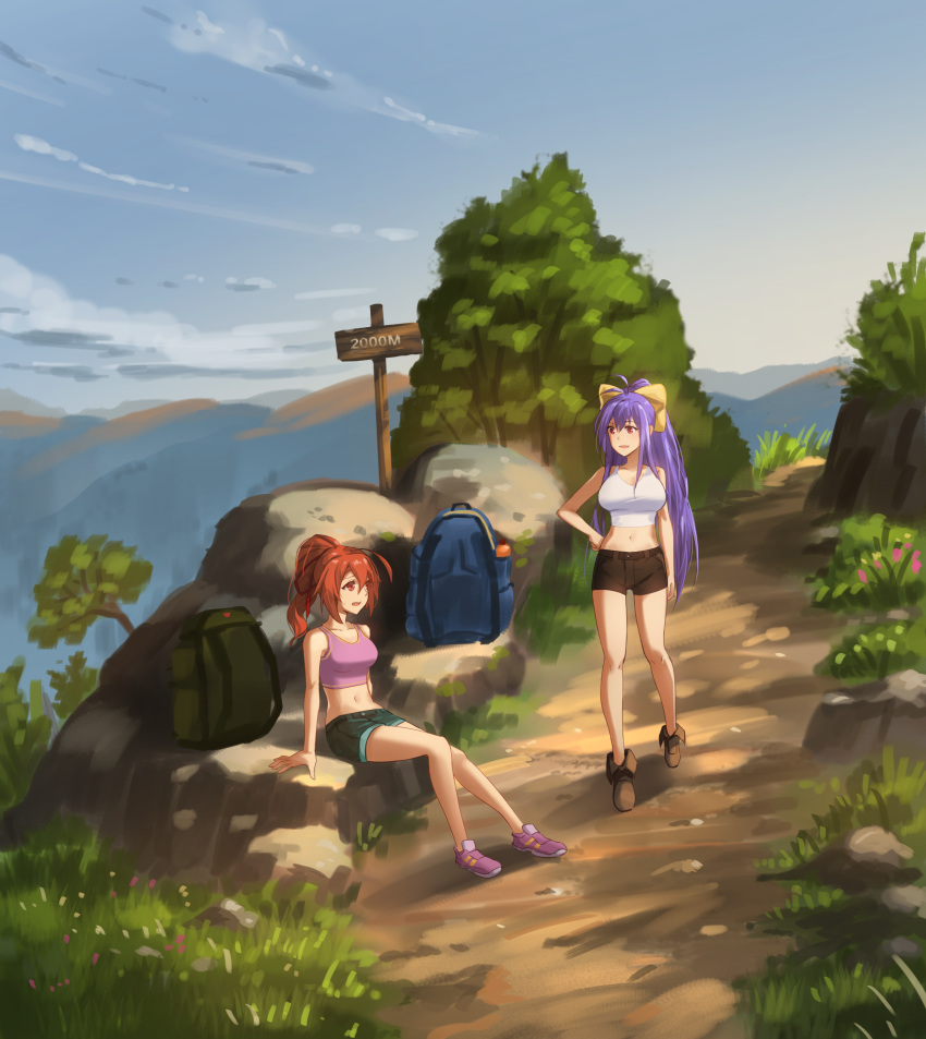 2girls, absurdres, ahoge, antenna_hair, backpack, bag, blazblue, blue_hair
