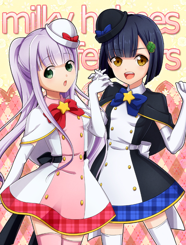 2girls, :d, :o, bangs, black_bow, black_hat, blue_bow, blue_hair