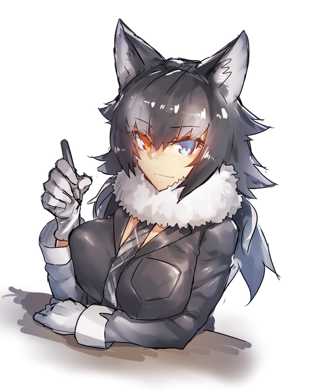 1girl, animal_ears, bangs, black_hair, black_jacket, blue_eyes, breast_pocket, breasts
