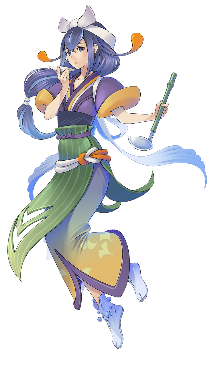 bamboo, blue_eyes, blue_hair, hair_ornament, highres, japanese_clothes, kimono, ladle