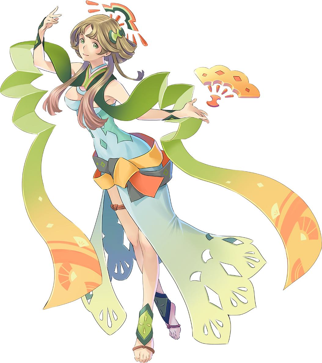 ame_no_uzume_(megami_meguri), bare_shoulders, barefoot, brown_eyes, dress, fan, green_eyes, hair_ornament