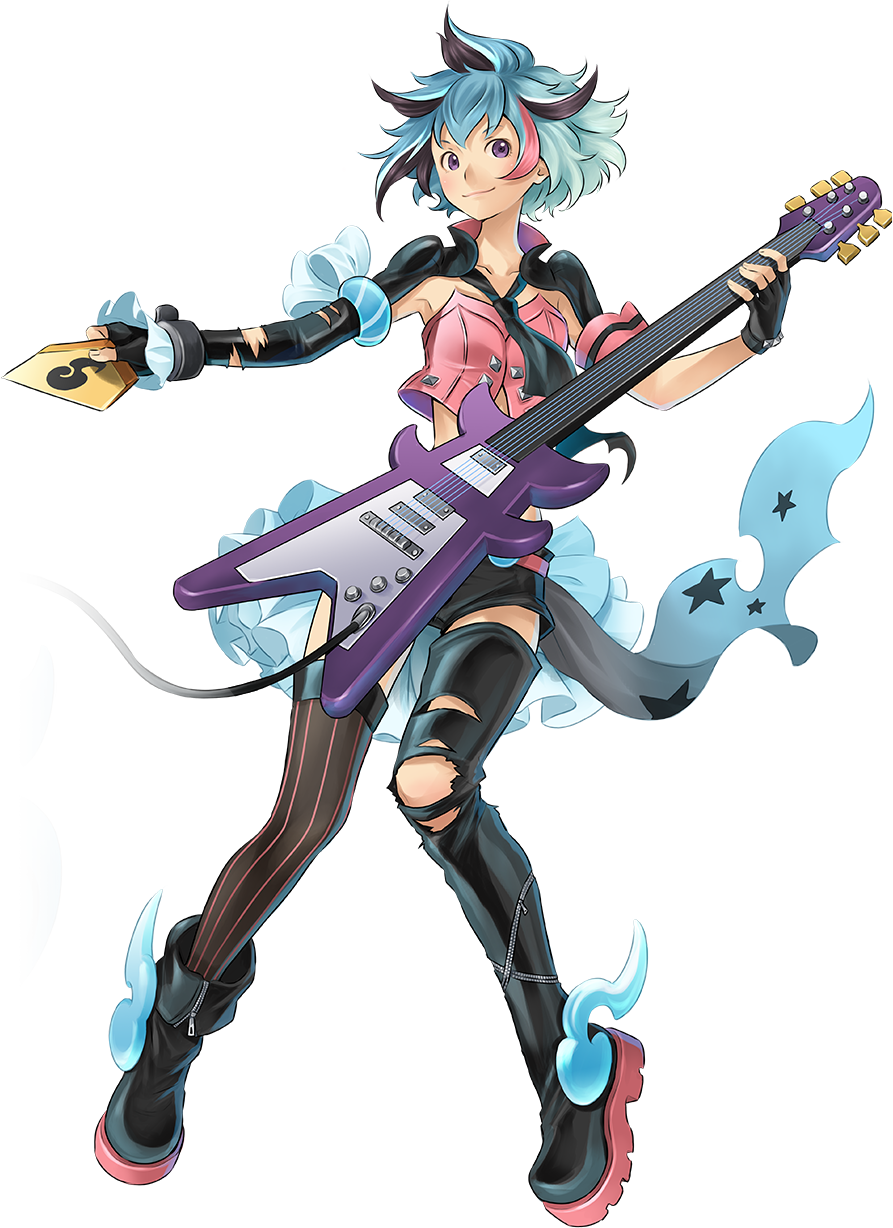 black_legwear, blue_hair, electric_guitar, guitar, guitar_girl, highres, instrument, megami_meguri, mino_tarou, multicolored_hair, necktie, plectrum, short_hair, soto_orihime_(megami_meguri), two-tone_hair, violet_eyes