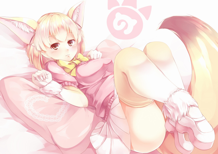 1girl, animal_ears, blonde_hair, blush, bow, breasts, brown_eyes, eyebrows_visible_through_hair, fennec_(kemono_friends), fennec_ears, fennec_tail, gloves, highres, kanzakietc, kemono_friends, looking_at_viewer, lying, medium_breasts, on_back, pillow, pink_shirt, shirt, shoes, short_hair, simple_background, solo, tail, thigh-highs, yellow_bow