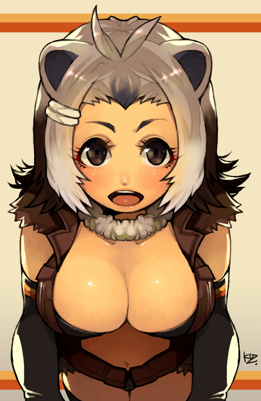1girl, :d, antenna_hair, bangs, bangs_pinned_back, beaver_ears, beaver_tail, bikini_top, black_bikini_top, black_eyes, black_gloves, blush, breasts, brown_jacket, cleavage, collarbone, elbow_gloves, eyelashes, fur_collar, gloves, gradient_hair, grey_hair, grey_shorts, hair_ornament, hairclip, highres, jacket, kemono_friends, kuzuno_ha, large_breasts, leaning_forward, log, multicolored_hair, navel, north_american_beaver_(kemono_friends), open_clothes, open_jacket, open_mouth, parted_bangs, salute, short_eyebrows, short_hair, short_shorts, shorts, signature, smile, solo, standing, teeth, torn_clothes, torn_shorts, torn_sleeves