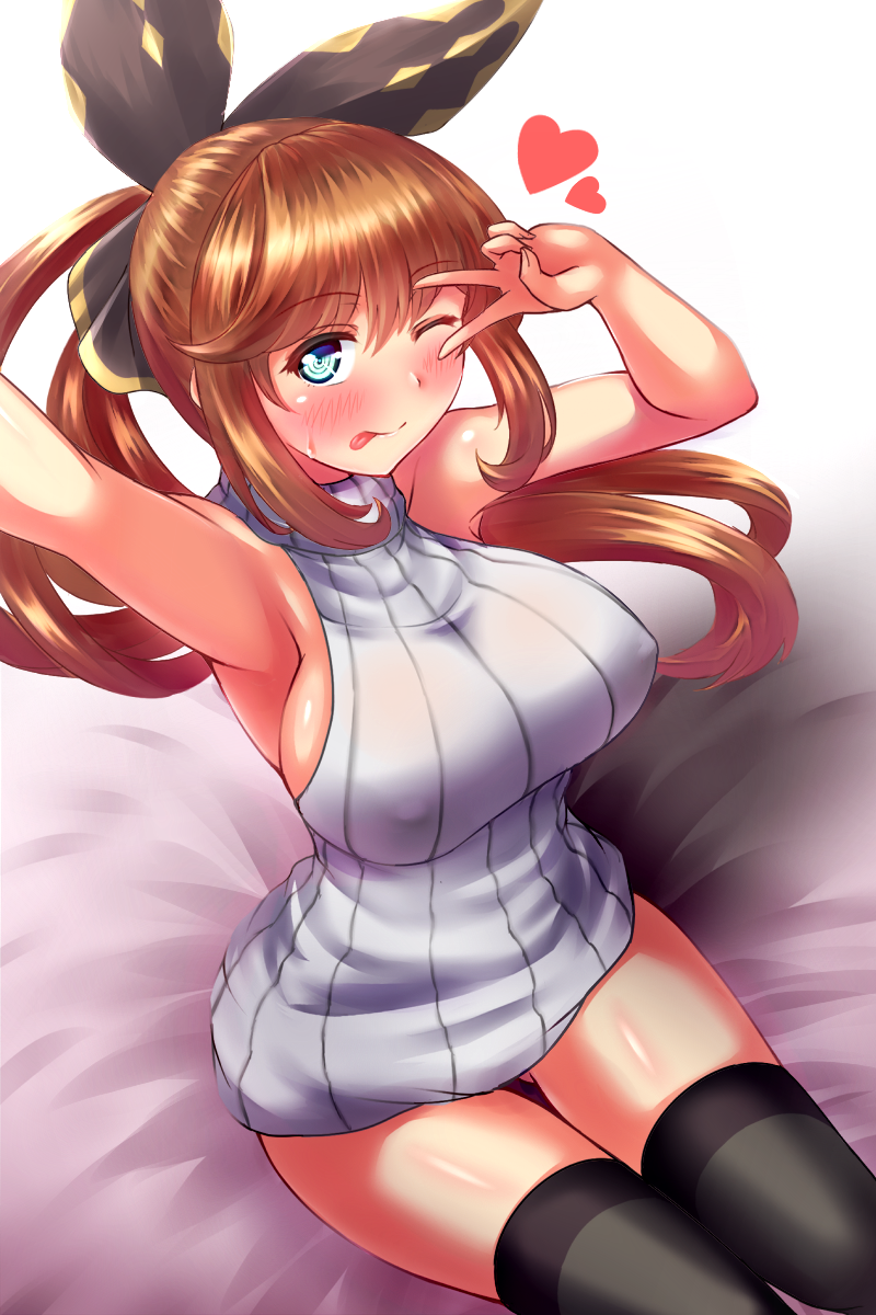 1girl, aqua_eyes, armpits, bare_shoulders, black_legwear, blush, breasts, brown_hair