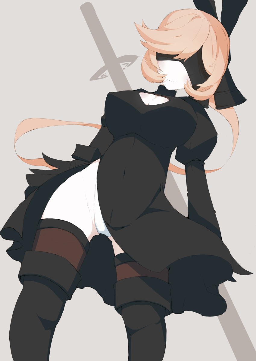 1girl, absurdres, black_gloves, black_legwear, blindfold, boots, bow, breasts