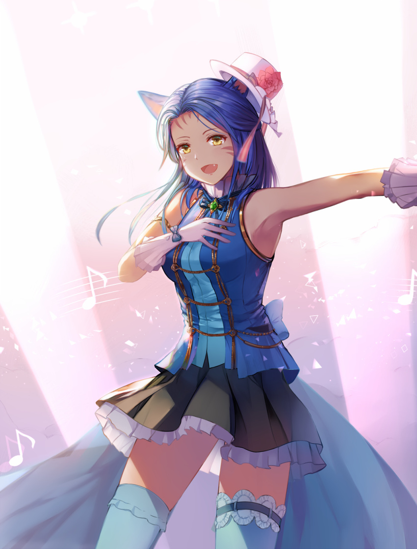 1girl, :d, animal_ears, armlet, armpits, bare_shoulders, black_skirt, blue_hair, blue_shirt, blush, cowboy_shot, facial_mark, fang, final_fantasy, final_fantasy_xiv, flower, gloves, hat, hat_flower, highres, idol, long_hair, looking_at_viewer, masha_mhakaracca, miqo'te, natsumoka, open_mouth, petticoat, red_rose, rose, shirt, skirt, sleeveless, sleeveless_shirt, smile, solo, thigh-highs, top_hat, white_gloves, white_legwear, yellow_eyes