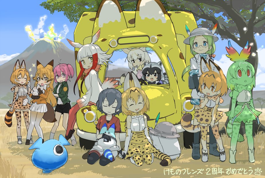 6+girls, :d, ^_^, ahoge, animal_ears, anniversary, bag, black_eyes