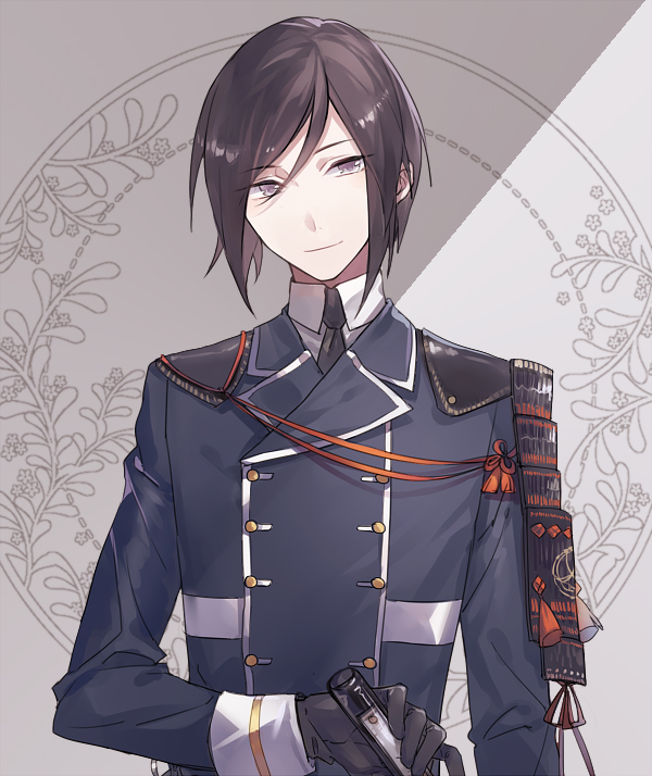 1boy, black_gloves, black_hair, closed_mouth, double-breasted, eyebrows_visible_through_hair, gloves, grey_eyes