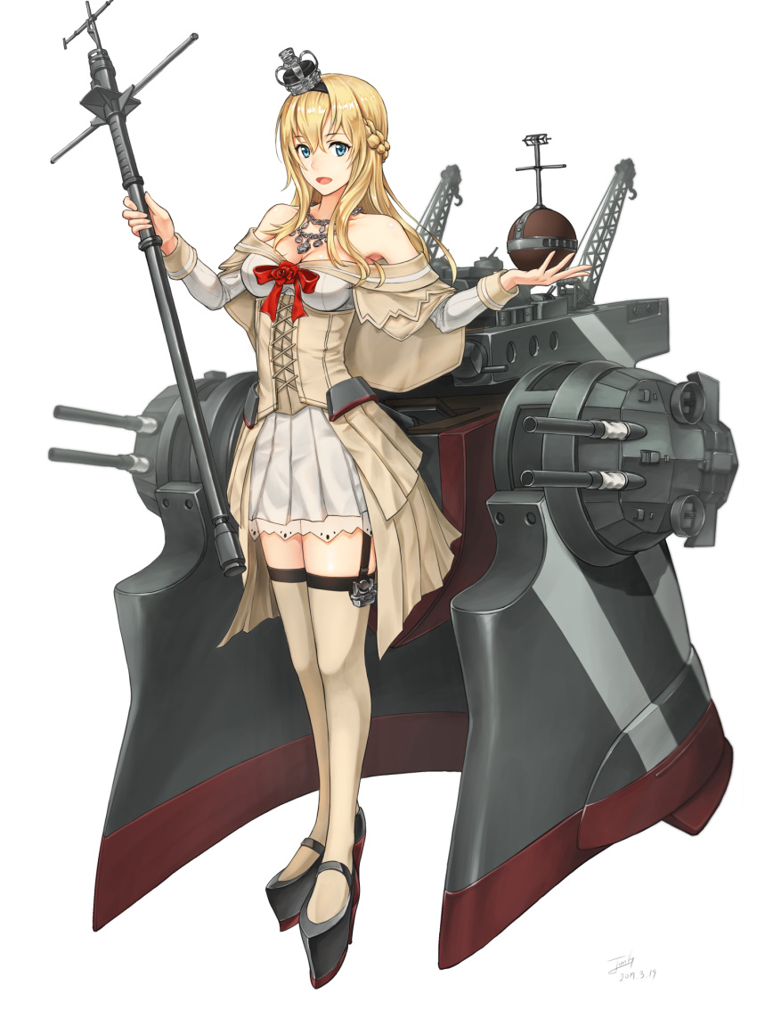 1girl, baek_hyang, bare_shoulders, blonde_hair, blue_eyes, braid, breasts, cannon