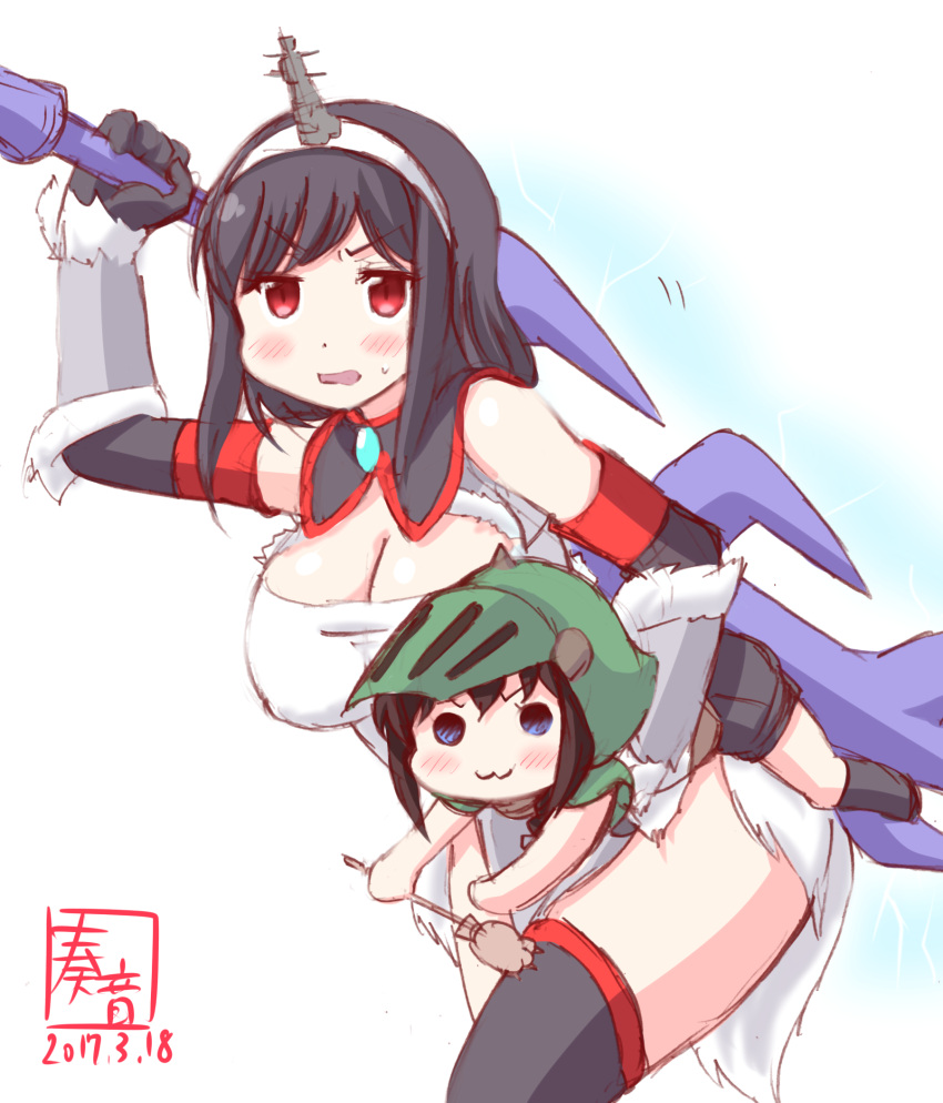 2017, 2girls, :3, alternate_costume, bare_shoulders, black_gloves, black_hair, black_legwear