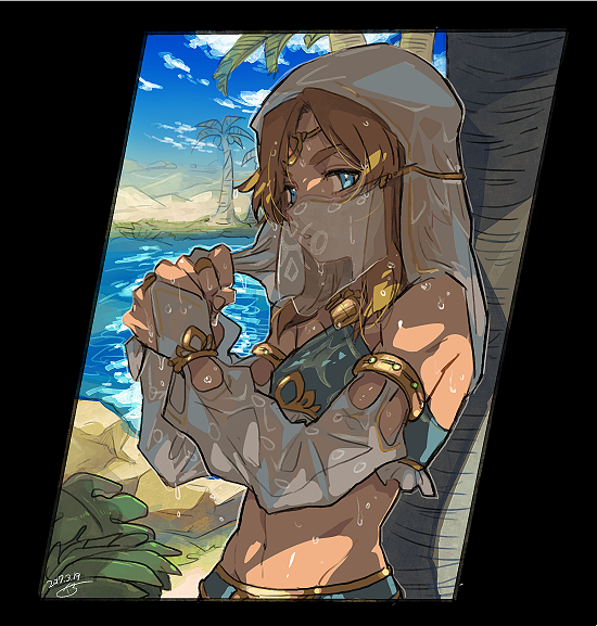 1boy, against_tree, blonde_hair, blue_eyes, crossdressinging, detached_sleeves, gerudo_link, kinako_(462), lake, link, looking_at_viewer, midriff, navel, palm_tree, see-through, shade, solo, the_legend_of_zelda, the_legend_of_zelda:_breath_of_the_wild, trap, tree, veil, water, wet, wet_clothes, wet_hair