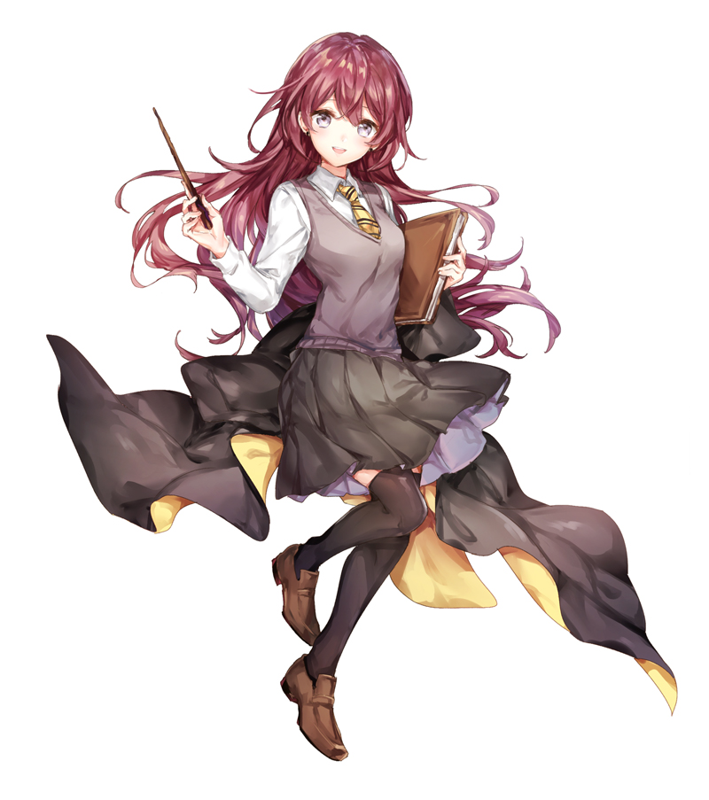 1girl, black_eyes, black_legwear, black_skirt, blush, book, breasts, cloak