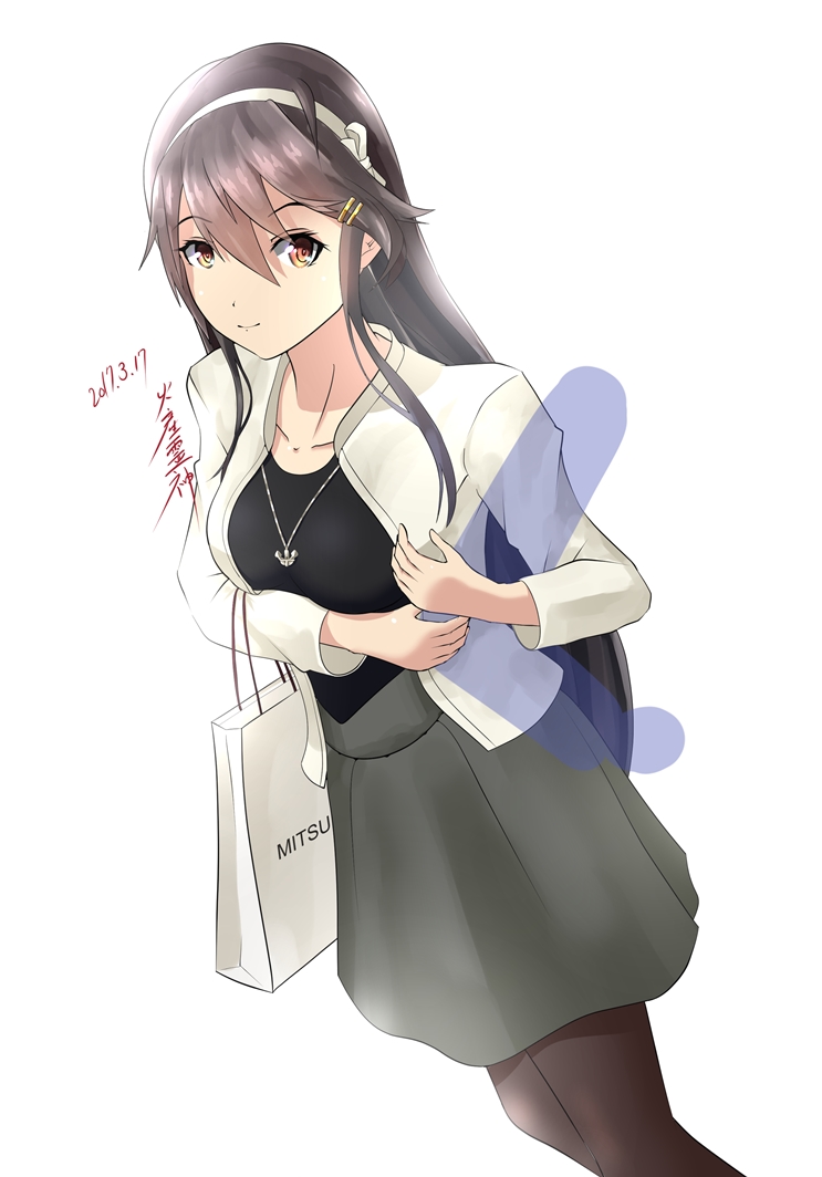 1girl, adapted_costume, alternate_costume, anchor_choker, bag, black_dress, black_hair, black_skirt