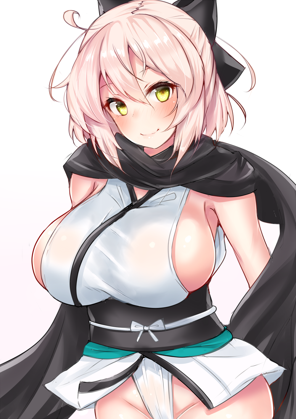 1girl, ahoge, alternate_breast_size, black_bow, black_scarf, blush, bow, breasts, closed_mouth, cowboy_shot, fate/grand_order, fate_(series), fundoshi, groin, hair_between_eyes, hair_bow, highres, japanese_clothes, kimono, koha-ace, large_breasts, looking_at_viewer, obi, panties, pink_hair, sakura_saber, sankakusui_(deltawhite), sash, scarf, short_hair, short_kimono, sideboob, smile, solo, underwear, white_panties, yellow_eyes