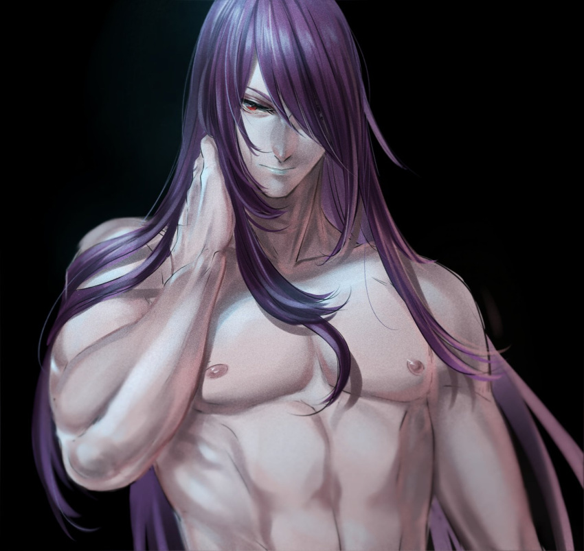 1boy, abs, black_background, collarbone, green_lipstick, hair_over_one_eye, hand_behind_head, hand_on_neck