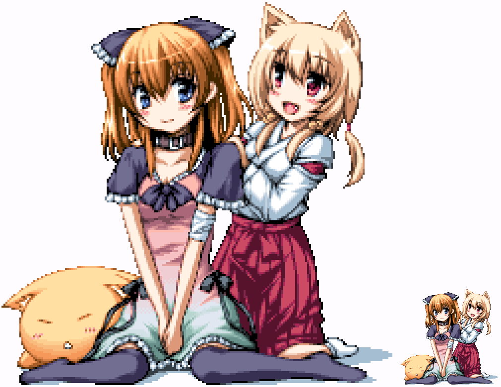 2girls, :d, animal_ears, bandage, bandaged_arm, bangs, bell, belt_collar