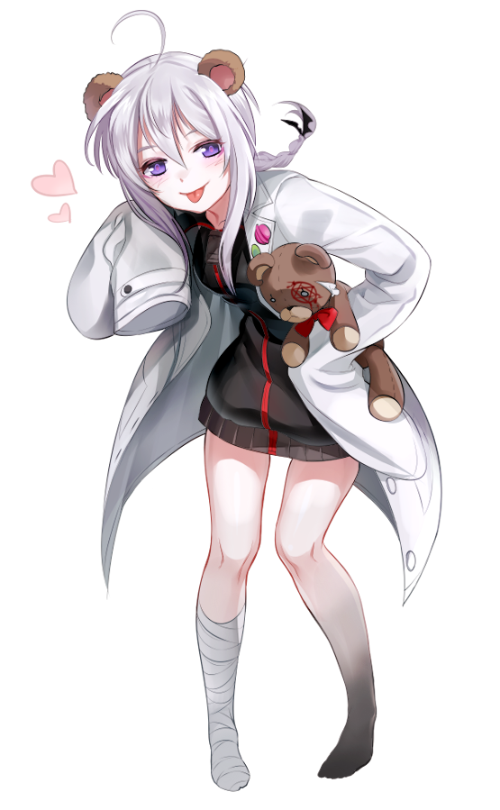 1girl, :p, ahoge, animal_ears, bandaged_leg, barefoot, bear_ears, blush