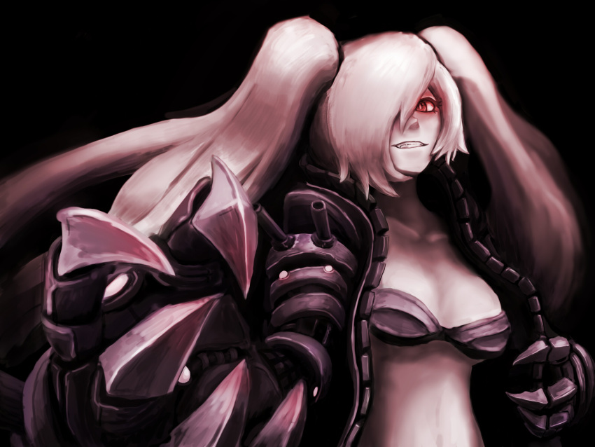 1girl, black_background, black_bikini_top, chaimi, claws, foreshortening, hair_over_one_eye, highres