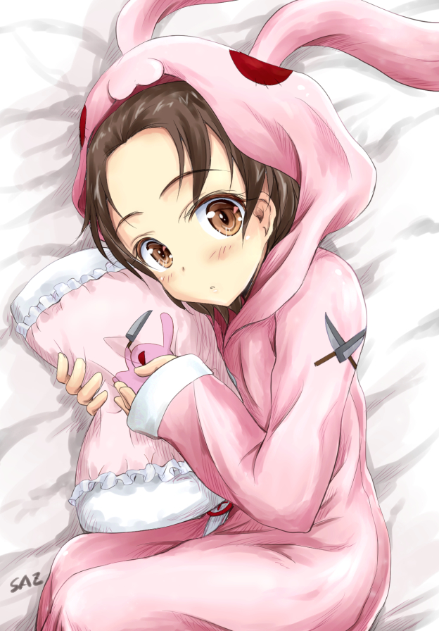 1girl, animal_costume, bangs, bed, blush, brown_eyes, brown_hair, bunny_costume