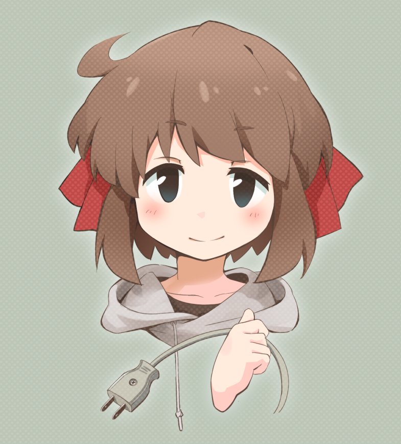 1girl, ahoge, blue_eyes, brown_hair, collarbone, eyebrows_visible_through_hair, grey_hoodie, hair_ribbon