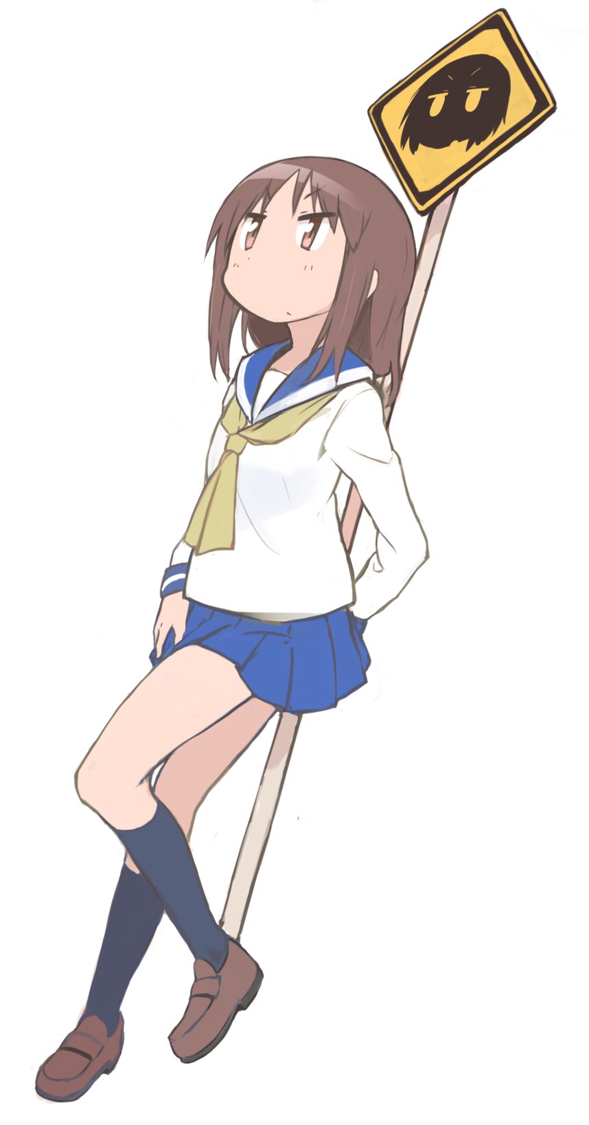 1girl, blue_skirt, brown_hair, eyebrows_visible_through_hair, hasegawa_fumi, highres, jitome, kneehighs