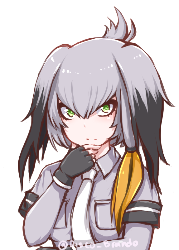 black_gloves, black_hair, chin_grab, collared_shirt, commentary, disco_brando, eyebrows_visible_through_hair, fingerless_gloves