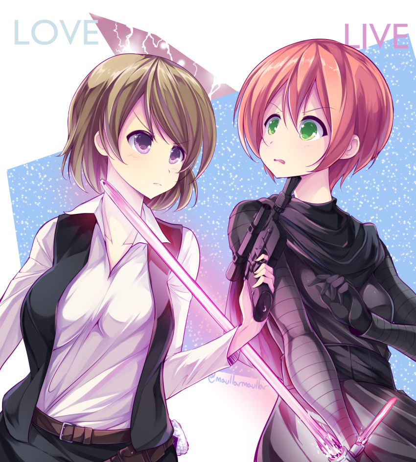 2girls, bangs, belt, breasts, brown_hair, commentary, cosplay, energy_gun