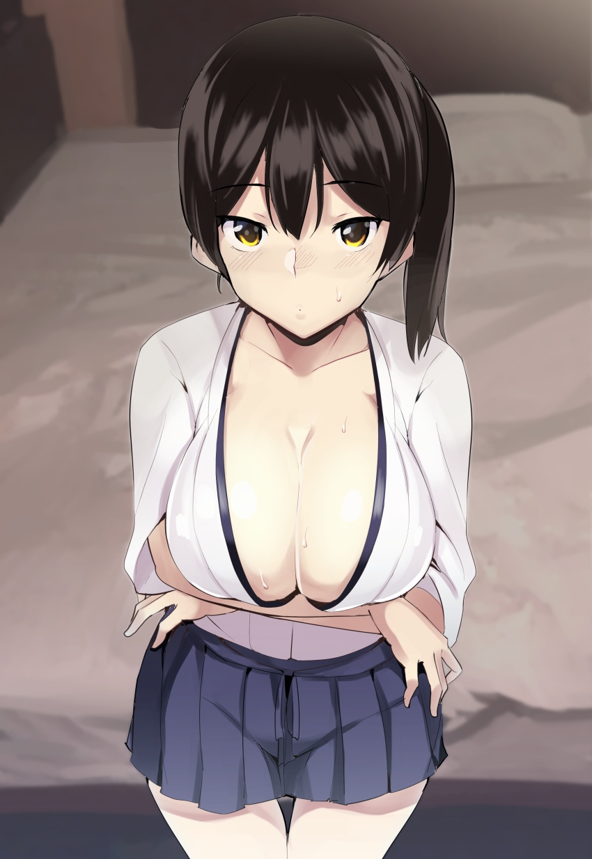 1girl, absurdres, blue_skirt, breast_hold, breasts, cleavage, cowboy_shot, from_above