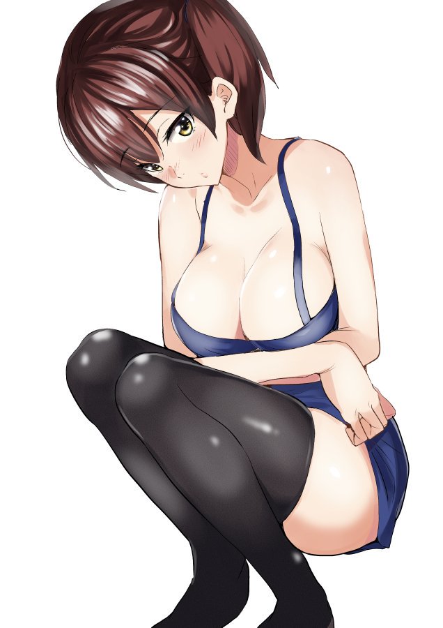 1girl, alternate_costume, bare_arms, bare_shoulders, bent_knees, black_legwear, blue_dress, breasts