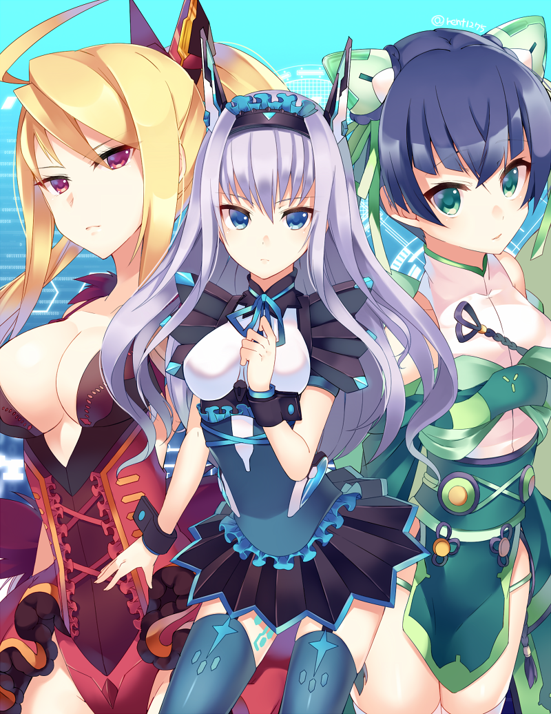 3girls, ahoge, black_skirt, blonde_hair, blue_background, blue_eyes, blue_hair, blue_legwear