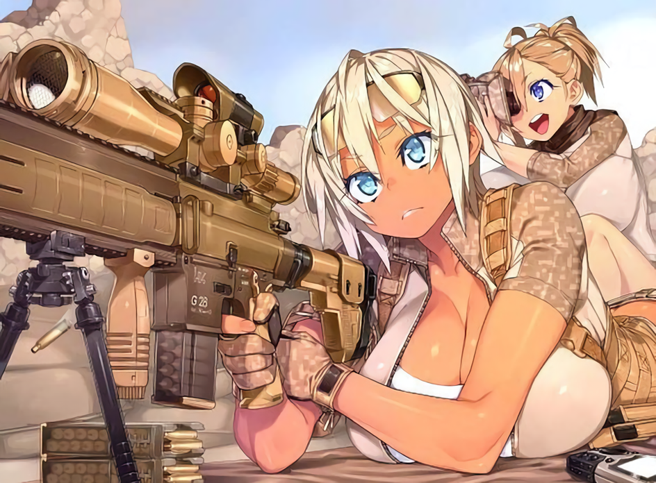 23_(real_xxiii), 2girls, ahoge, ahoge_girl_(23), battle_rifle, bipod, blonde_hair, blue_eyes
