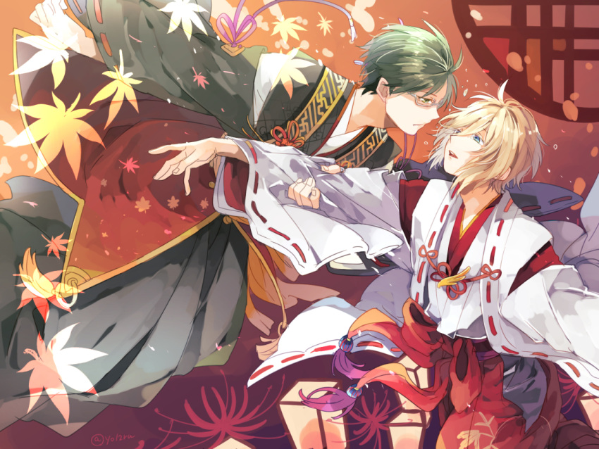 2boys, arm_grab, blonde_hair, blue_eyes, blue_hair, ensemble_stars!, glasses, green_hair, hasumi_keito, japanese_clothes, looking_at_another, male_focus, multiple_boys, short_hair, sidelocks, tears, tenshouin_eichi