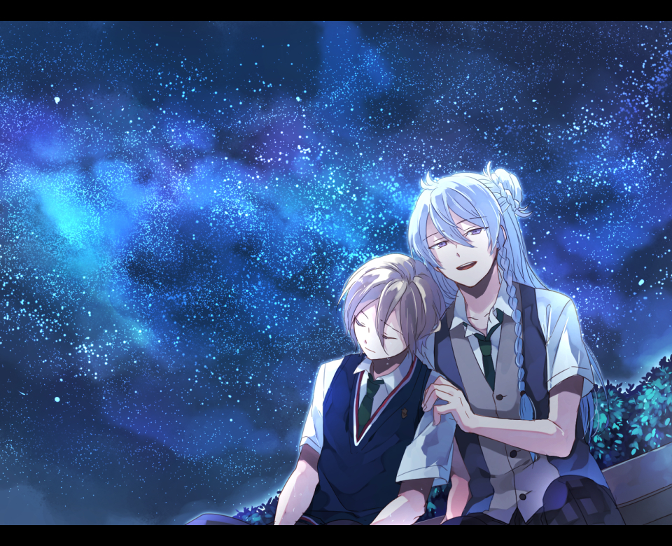 2boys, blonde_hair, blue_eyes, blue_hair, braid, closed_eyes, ensemble_stars!, hibiki_wataru