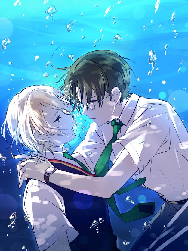 2boys, air_bubble, blonde_hair, blue_eyes, blue_hair, bubble, ensemble_stars!, glasses